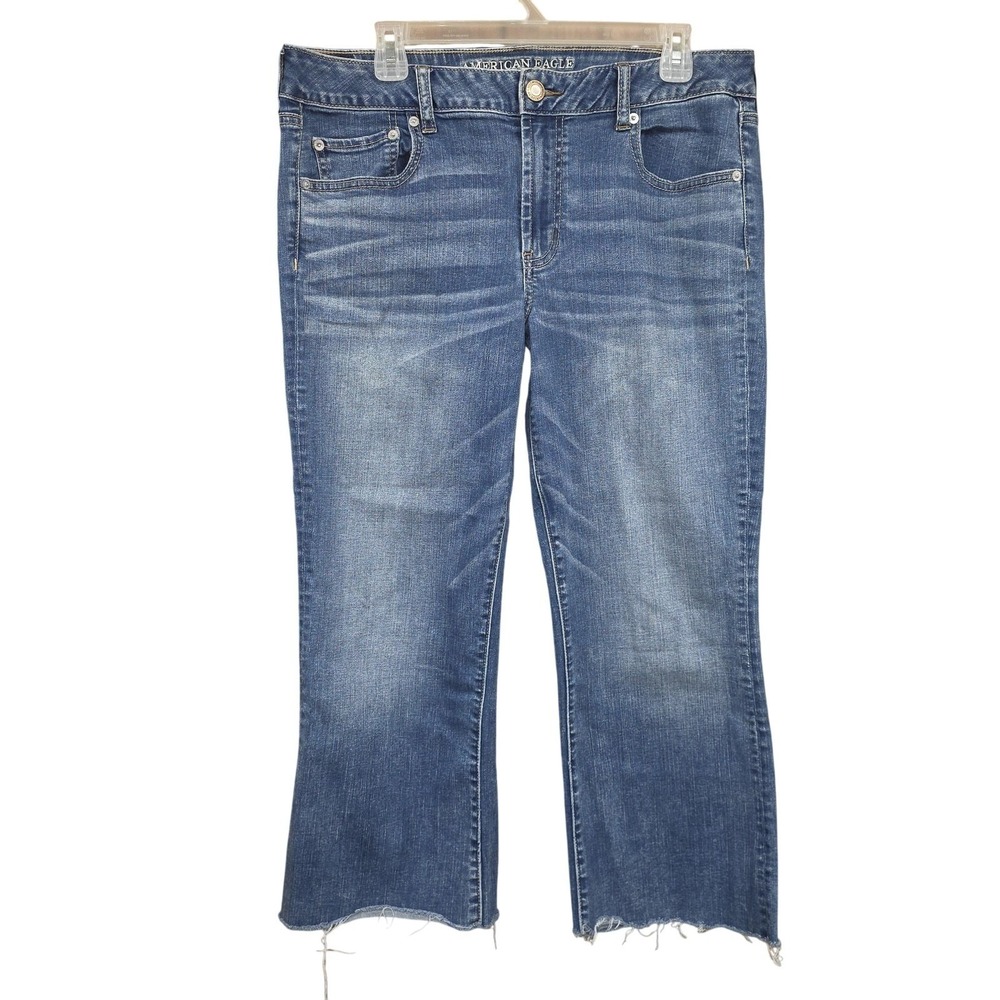 American Eagle Jeans Womens 12 Short Blue Favorite Boyfriend Raw Hem Distressed